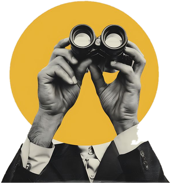 Hands holding binoculars against a golden circle