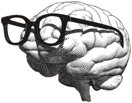 An engraved brain wearing thick black glasses
