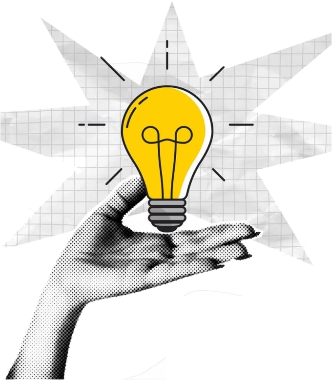 A halftone hand holding up a light bulb