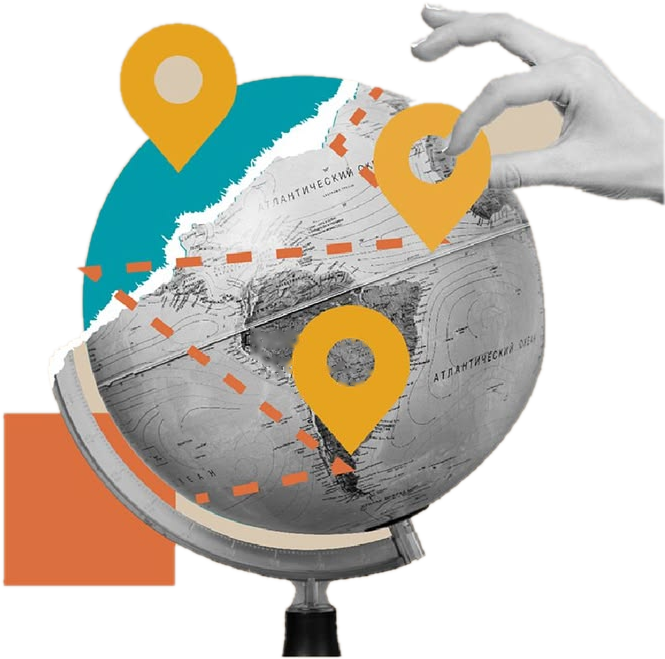 A globe with route pins and a hand placing a marker