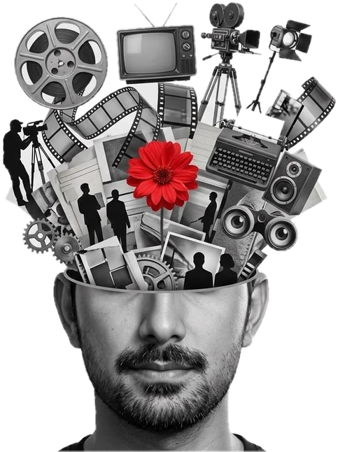 A collage of film reels, cameras and photographs rising from a person’s head