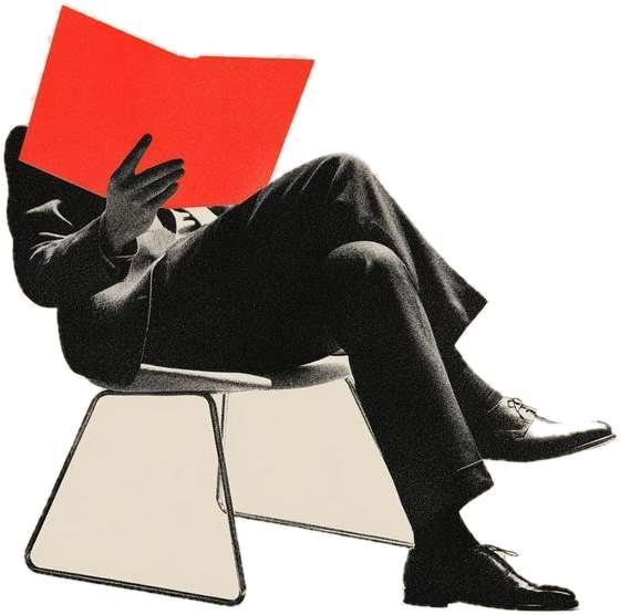 A collage of a person reading a red report in a chair, face hidden