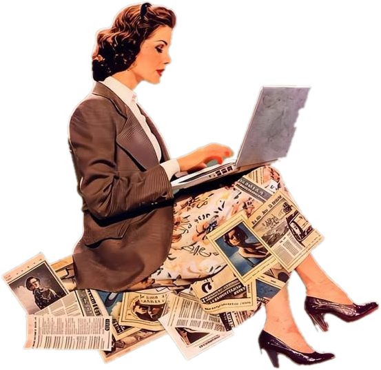 A collage of a woman working on a laptop, seated on a pile of newspapers