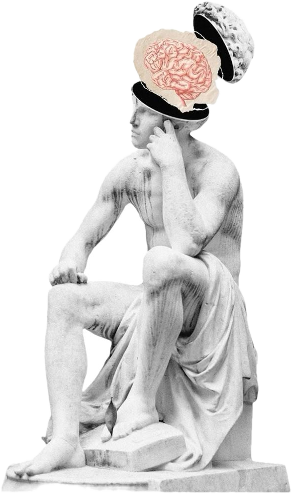 A classical statue in thought with an open head and a brain collage