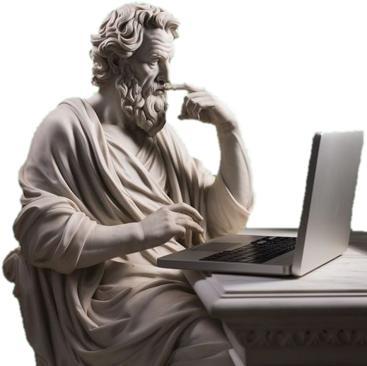 A marble statue thoughtfully working at a laptop