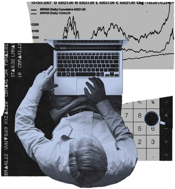 A collage of a person at a laptop over a performance chart
