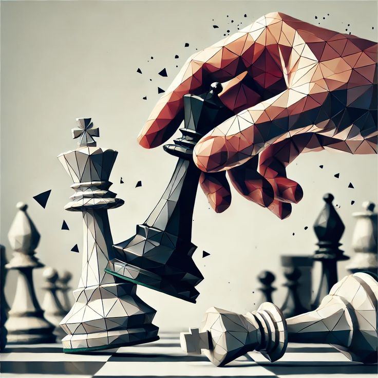 A low-poly hand moving a chess piece