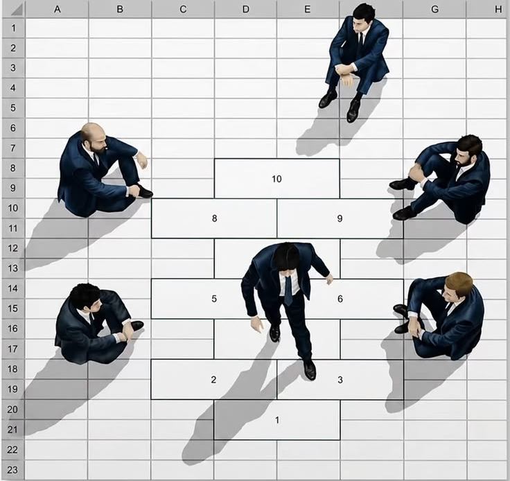 People moving up a numbered ladder of stages drawn on a spreadsheet
