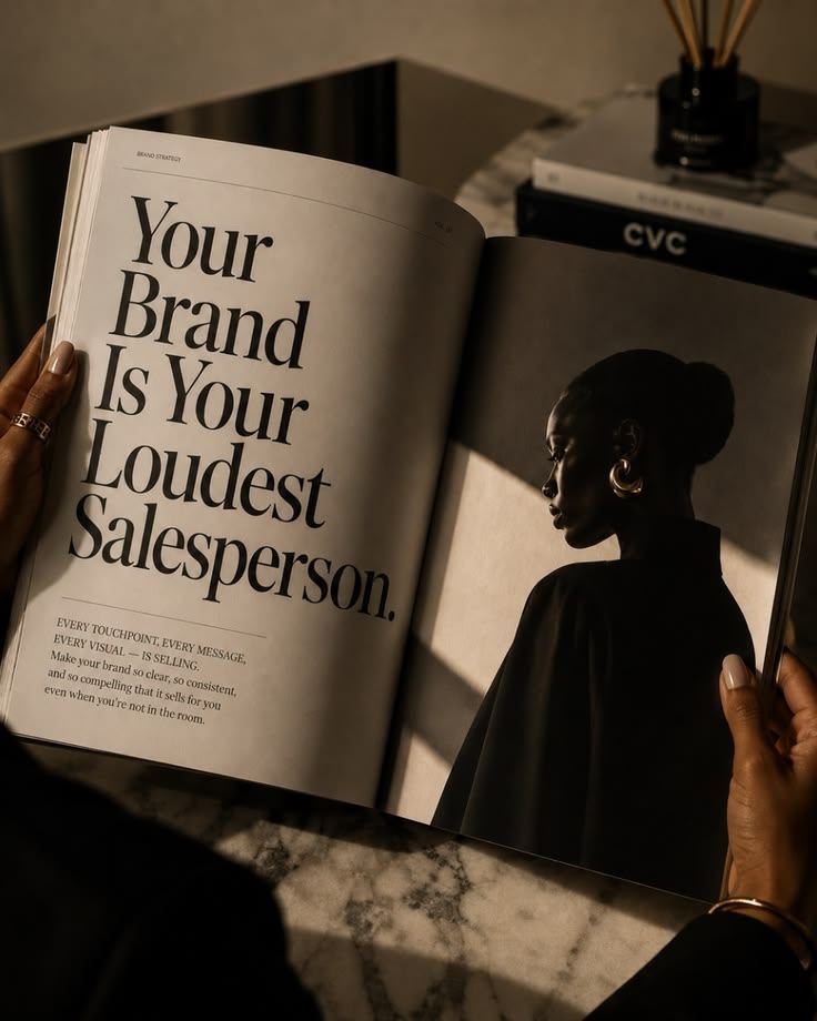 An open magazine spread reading Your Brand Is Your Loudest Salesperson
